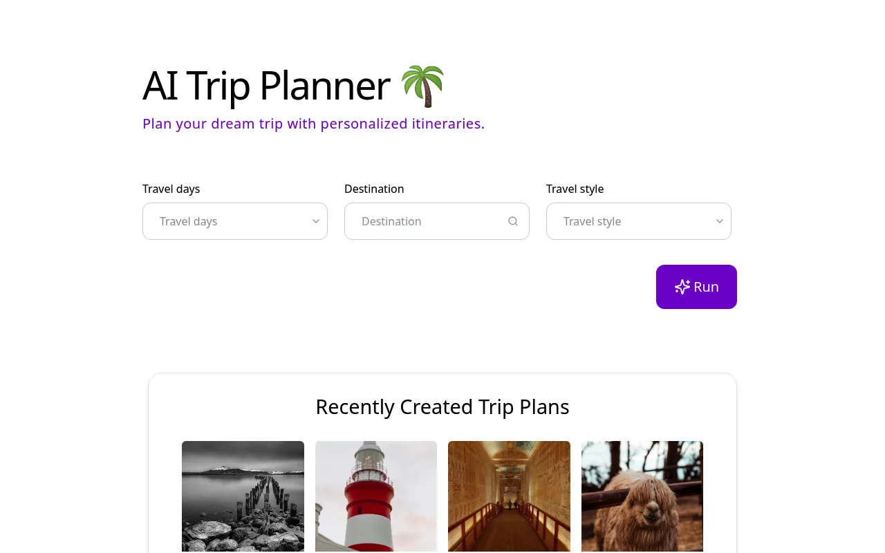 Náhled nástroje AI Trip Planner