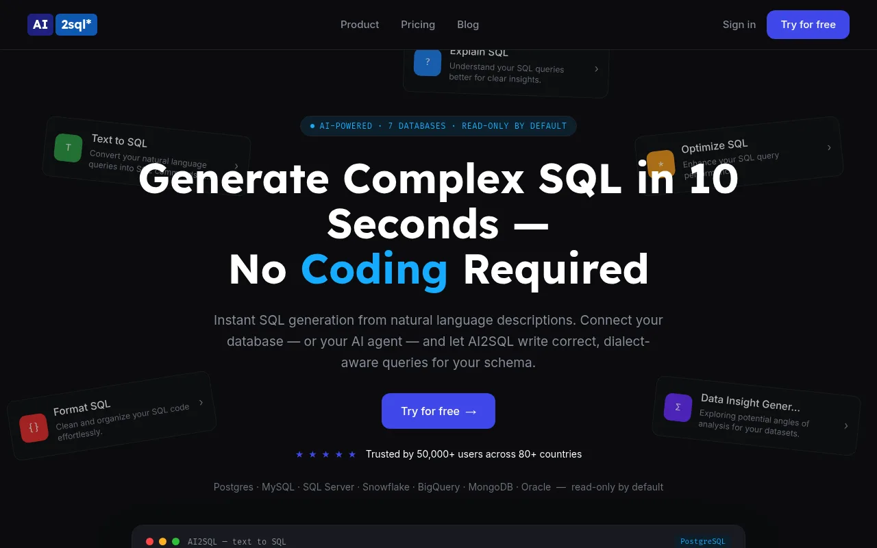 Náhled nástroje Ai2sql