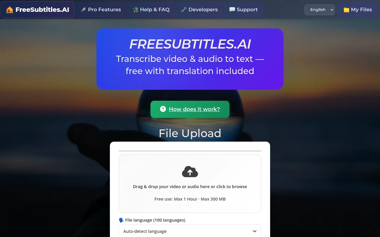 Náhled nástroje Free Subtitles AI
