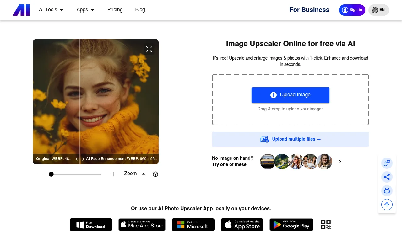 Náhled nástroje Nero AI Image Upscaler