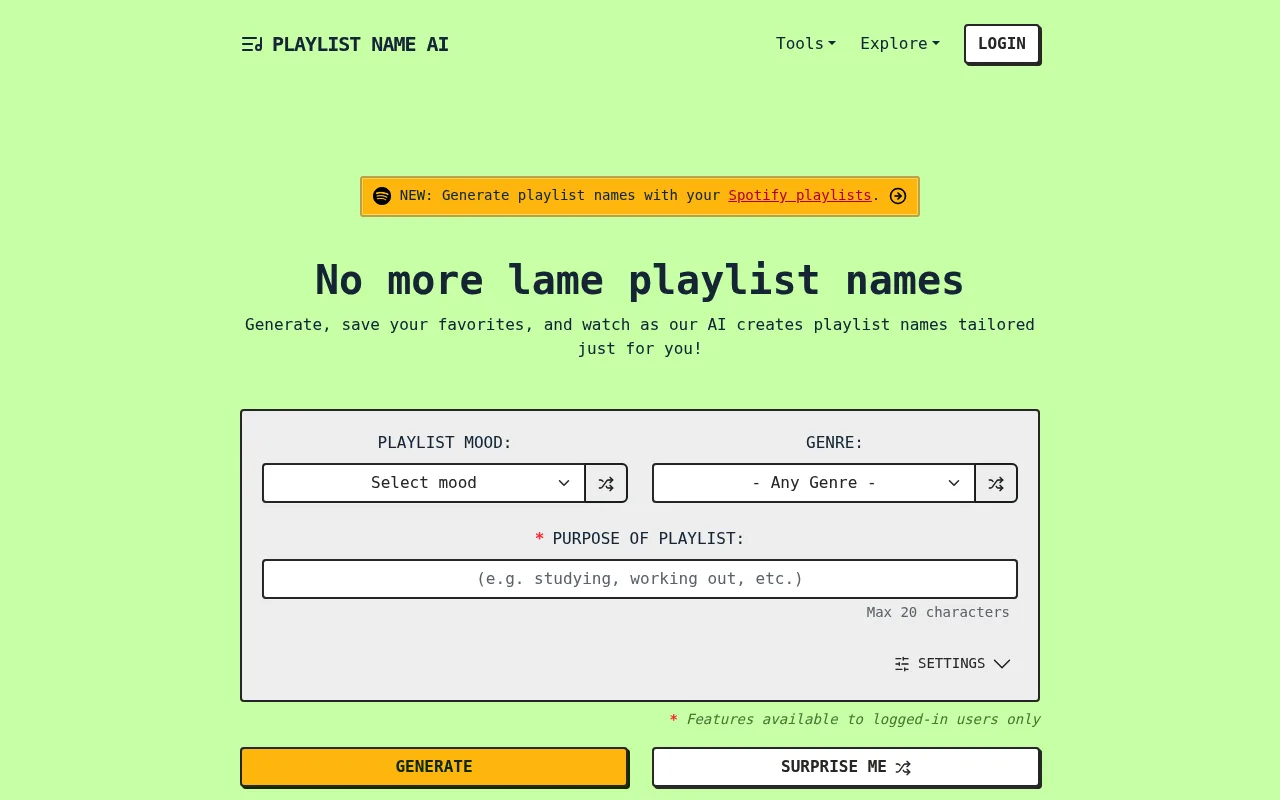 Náhled nástroje PlaylistName AI